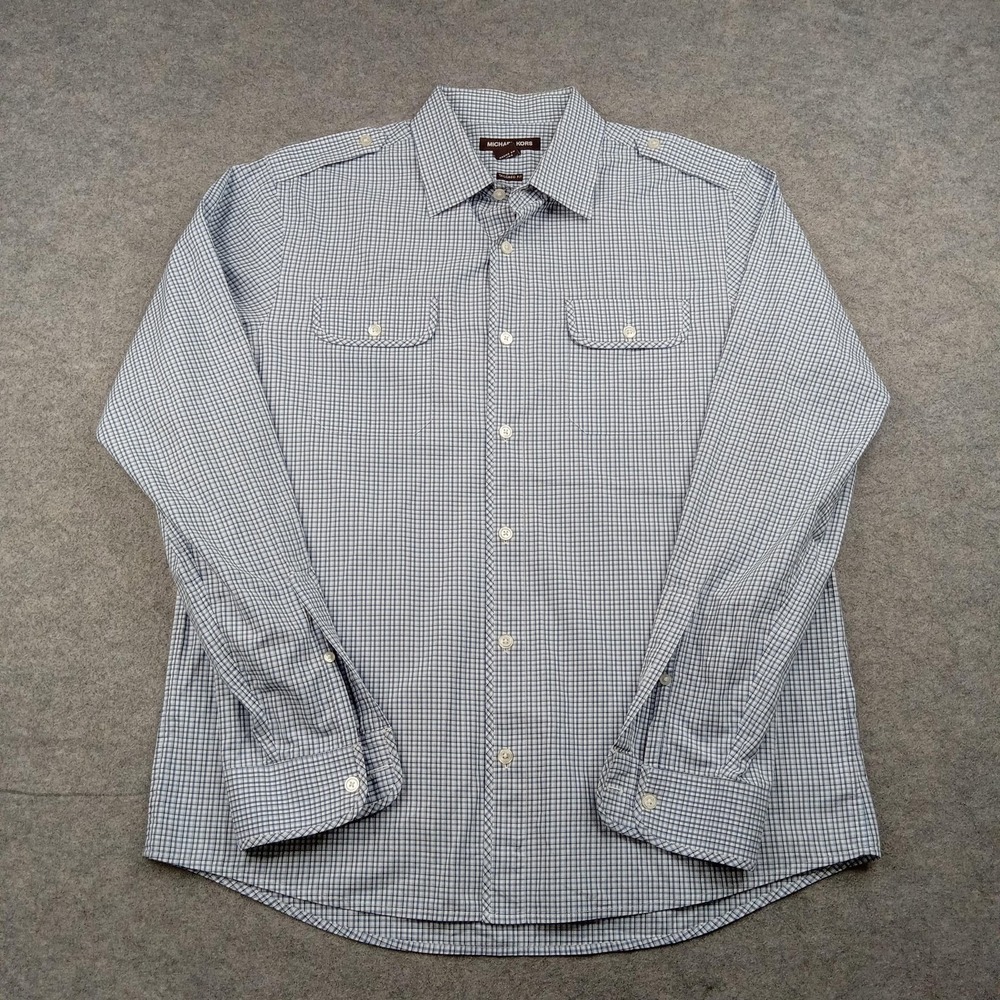 Michael‎ Kors Shirt Mens Large Blue Check Tailored Fit Button Front Long Sleeve